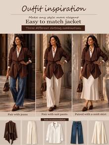SHEIN Clasi Plus Size Women's Autumn/Winter Elegant Smart Casual Commute Daily Office Business Versatile Ruffle Draped Collar Patchwork Solid Color Jacket Brown - Coffee Brown - View 2