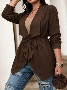 SHEIN Clasi Plus Size Women's Autumn/Winter Elegant Smart Casual Commute Daily Office Business Versatile Ruffle Draped Collar Patchwork Solid Color Jacket Brown - Coffee Brown - View 1