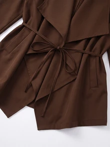 SHEIN Clasi Plus Size Women's Autumn/Winter Elegant Smart Casual Commute Daily Office Business Versatile Ruffle Draped Collar Patchwork Solid Color Jacket Brown - Coffee Brown - View 7