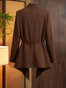 SHEIN Clasi Plus Size Women's Autumn/Winter Elegant Smart Casual Commute Daily Office Business Versatile Ruffle Draped Collar Patchwork Solid Color Jacket Brown - Coffee Brown - View 4
