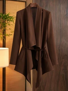SHEIN Clasi Plus Size Women's Autumn/Winter Elegant Smart Casual Commute Daily Office Business Versatile Ruffle Draped Collar Patchwork Solid Color Jacket Brown - Coffee Brown - View 3