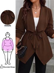SHEIN Clasi Plus Size Women's Autumn/Winter Elegant Smart Casual Commute Daily Office Business Versatile Ruffle Draped Collar Patchwork Solid Color Jacket Brown - Coffee Brown - View 8