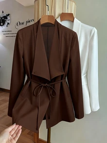 SHEIN Clasi Plus Size Women's Autumn/Winter Elegant Smart Casual Commute Daily Office Business Versatile Ruffle Draped Collar Patchwork Solid Color Jacket Brown - Coffee Brown - View 5
