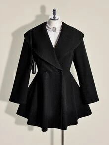 SHEIN ICON Plus-Size Women's Retro Sexy Formal Simple Elegant Large Lapel Urban Commuting Heiress Style Double-Breasted Black Overcoat Autumn Office Evening - Black - View 1