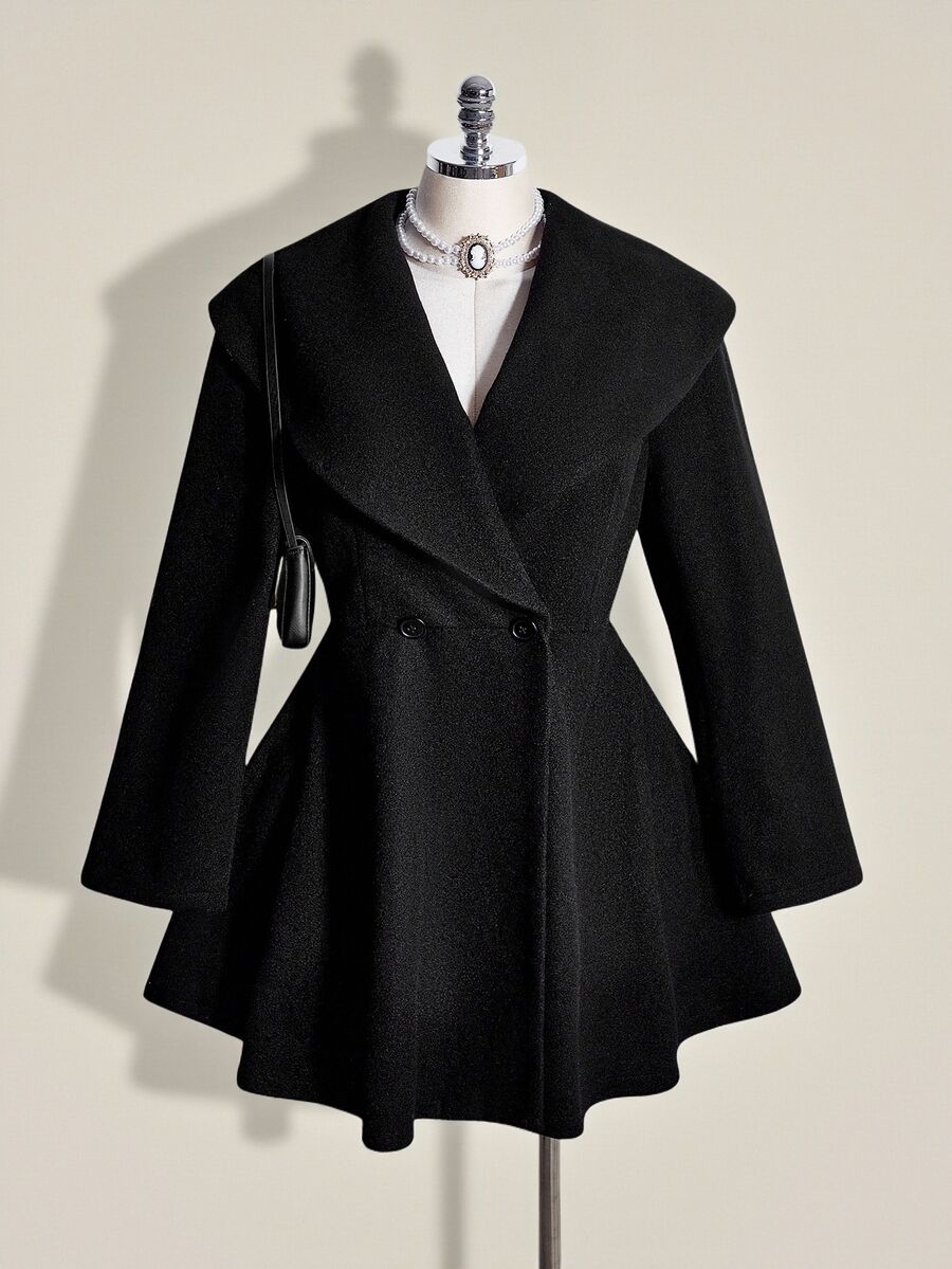 SHEIN ICON Plus-Size Women's Retro Sexy Formal Simple Elegant Large Lapel Urban Commuting Heiress Style Double-Breasted Black Overcoat Autumn Office Evening - Black - View 1