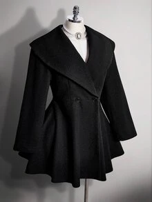 SHEIN ICON Plus-Size Women's Retro Sexy Formal Simple Elegant Large Lapel Urban Commuting Heiress Style Double-Breasted Black Overcoat Autumn Office Evening - Black - View 5