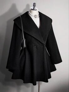SHEIN ICON Plus-Size Women's Retro Sexy Formal Simple Elegant Large Lapel Urban Commuting Heiress Style Double-Breasted Black Overcoat Autumn Office Evening - Black - View 10
