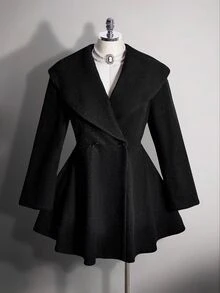 SHEIN ICON Plus-Size Women's Retro Sexy Formal Simple Elegant Large Lapel Urban Commuting Heiress Style Double-Breasted Black Overcoat Autumn Office Evening - Black - View 3