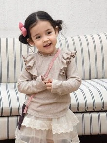 DAZY Infant (Girl) Round Neck Long Sleeve Ruffle Trim Top - Brown - View 3