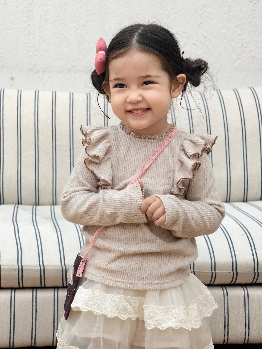 DAZY Infant (Girl) Round Neck Long Sleeve Ruffle Trim Top - Brown - View 1