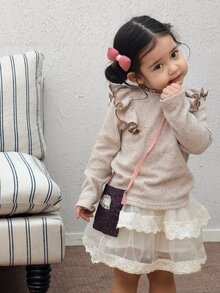 DAZY Infant (Girl) Round Neck Long Sleeve Ruffle Trim Top - Brown - View 1