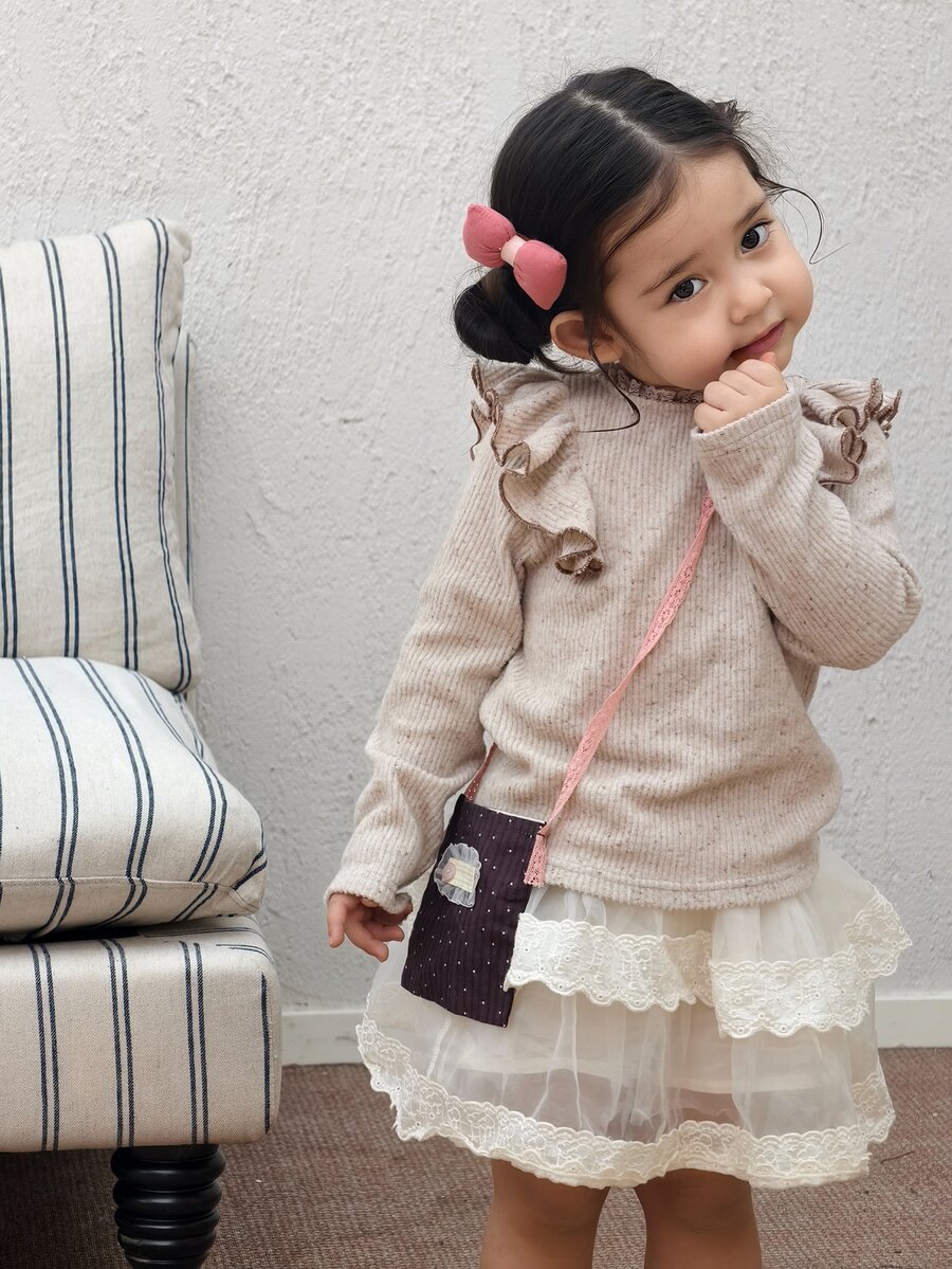DAZY Infant (Girl) Round Neck Long Sleeve Ruffle Trim Top - Brown - View 1