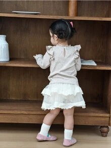 DAZY Infant (Girl) Round Neck Long Sleeve Ruffle Trim Top - Brown - View 9