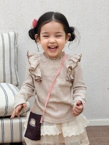 DAZY Infant (Girl) Round Neck Long Sleeve Ruffle Trim Top - Brown - View 7