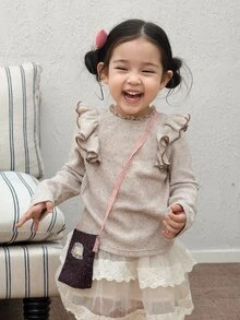 DAZY Infant (Girl) Round Neck Long Sleeve Ruffle Trim Top - Brown - View 6