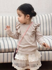 DAZY Infant (Girl) Round Neck Long Sleeve Ruffle Trim Top - Brown - View 4