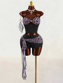 Mistrie Women's Leopard Print Sexy Party Shorts With Straps And Ribbon, 2 Pieces Set - Black - View 6