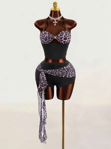 Mistrie Women's Leopard Print Sexy Party Shorts With Straps And Ribbon, 2 Pieces Set - Black - View 8