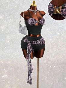Mistrie Women's Leopard Print Sexy Party Shorts With Straps And Ribbon, 2 Pieces Set - Black - View 4