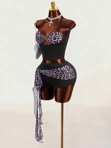 Mistrie Women's Leopard Print Sexy Party Shorts With Straps And Ribbon, 2 Pieces Set - Black - View 5
