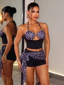 Mistrie Women's Leopard Print Sexy Party Shorts With Straps And Ribbon, 2 Pieces Set - Black - View 2