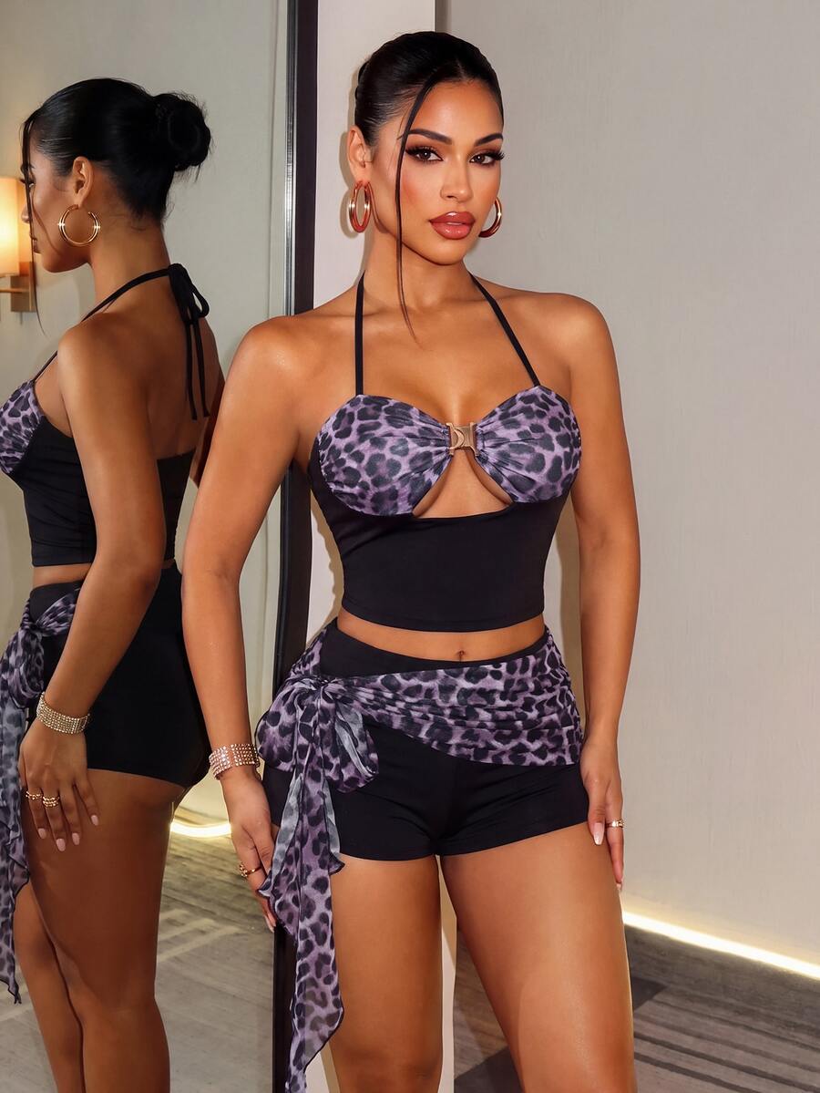 Mistrie Women's Leopard Print Sexy Party Shorts With Straps And Ribbon, 2 Pieces Set