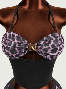 Mistrie Women's Leopard Print Sexy Party Shorts With Straps And Ribbon, 2 Pieces Set - Black - View 7