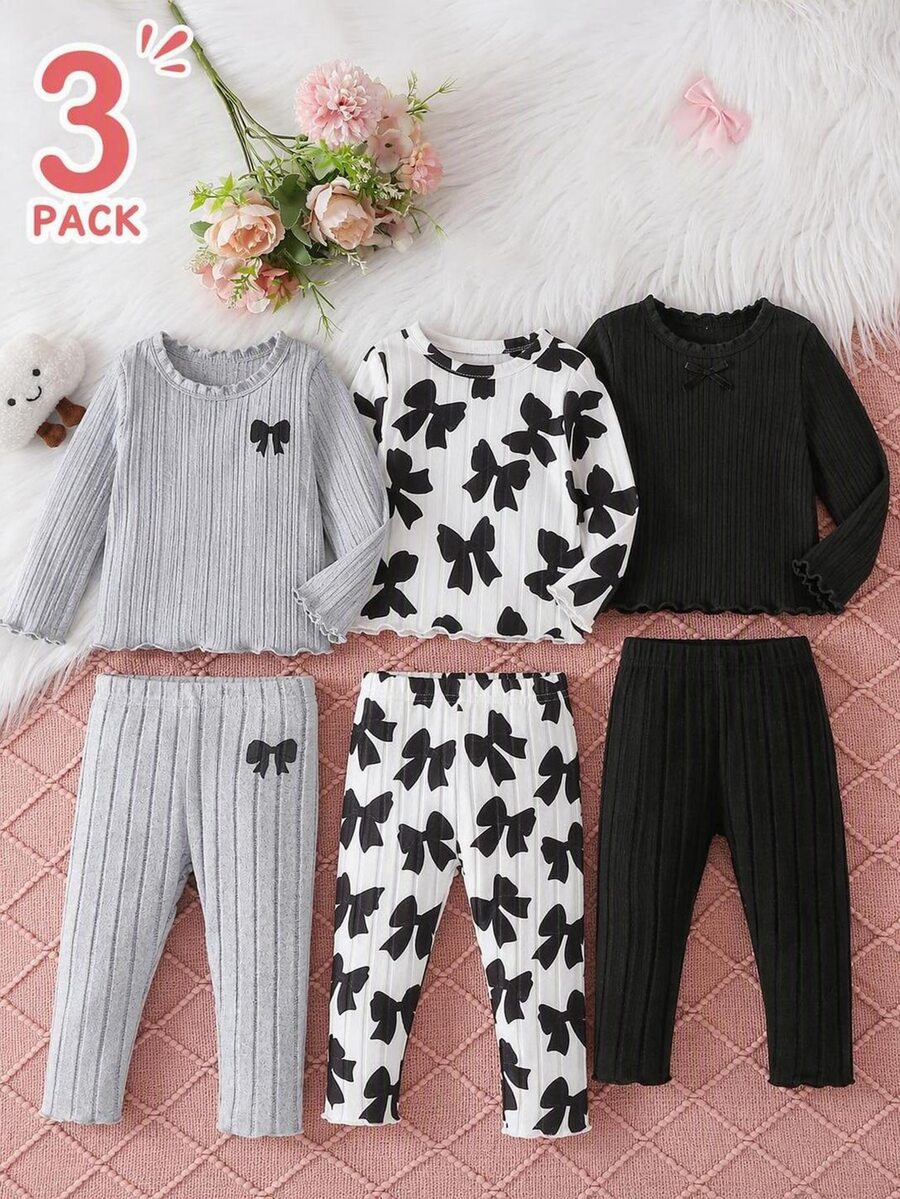 SHEIN Playful Pals 3件組女嬰上衣與內搭褲套裝,可愛白色灰色黑色蝴蝶結印花,羅紋荷葉邊長袖圓領,正裝版,適合生日、秋季、芭蕾公主風,彈性腰頭 - 彩色 - 查看 1