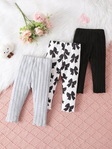 SHEIN Playful Pals 3件組女嬰上衣與內搭褲套裝，可愛白色灰色黑色蝴蝶結印花，羅紋荷葉邊長袖圓領，正裝版，適合生日、秋季、芭蕾公主風，彈性腰頭 - 彩色 - 查看 2