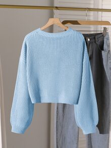 Teen Girls Solid Color Casual Baggy Cute Lazy Pullover Sweater Round Neck Autumn/Winter New Loose Versatile Knit Crop Top Sixth Form Prom Navy Blue - Blue - View 4