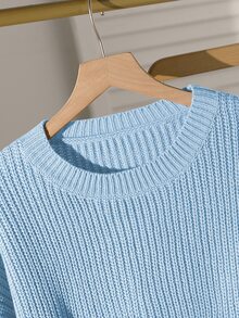 Teen Girls Solid Color Casual Baggy Cute Lazy Pullover Sweater Round Neck Autumn/Winter New Loose Versatile Knit Crop Top Sixth Form Prom Navy Blue - Blue - View 5