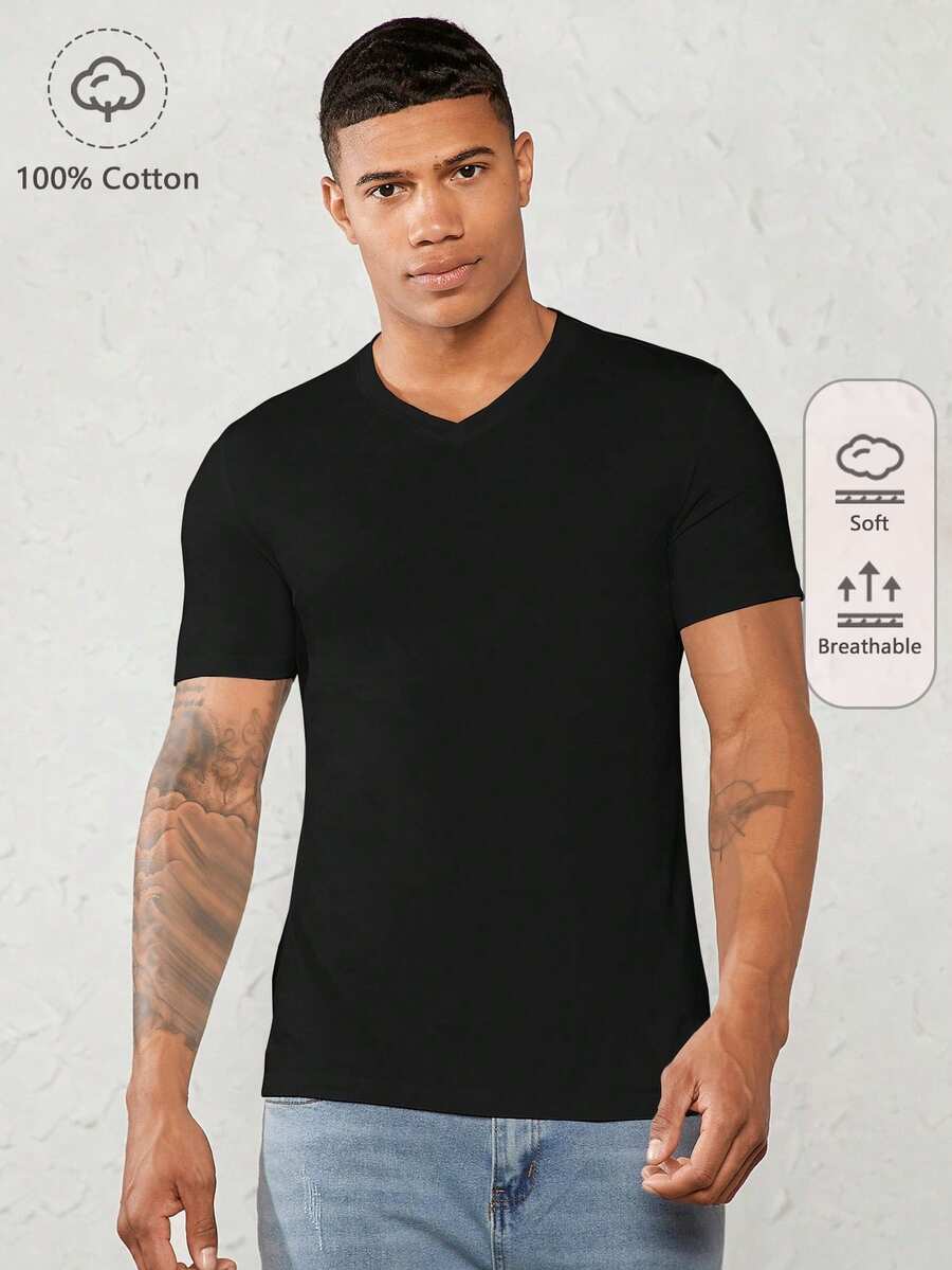 Mainfolk Men 100% Cotton Solid V Neck Tee, Vacation, Father's Day Gifts, Football - Black - View 1