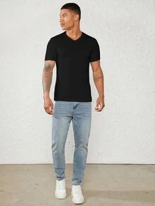 Mainfolk Men 100% Cotton Solid V Neck Tee, Vacation, Father's Day Gifts, Football - Black - View 6