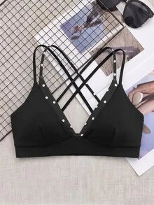 SHEIN Cheerettes 女款 2 合 1 拼接休閒日常運動內衣 - 黑色 - 查看 1