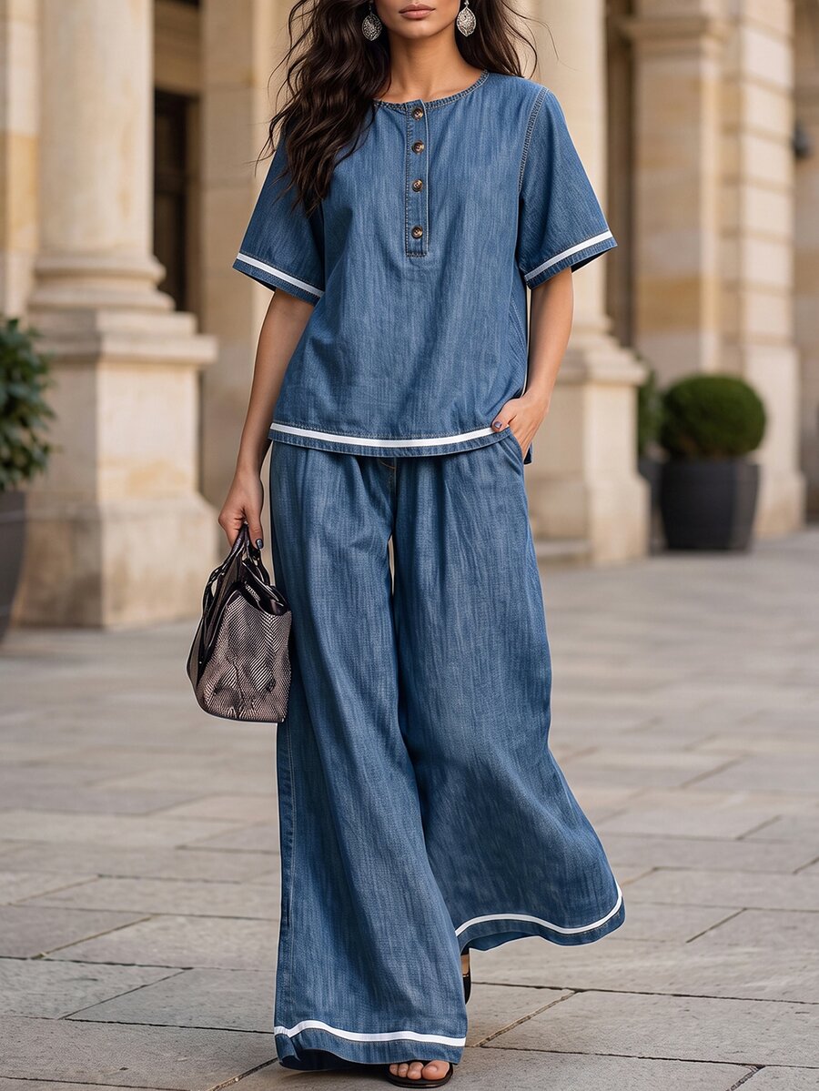 Balvessa Women's Contrast Color Button Half-Placket Short Sleeve Denim Top And Wide Leg Denim Pants Casual Set - Blue - View 1