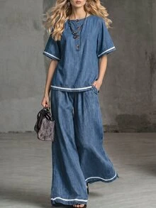 Balvessa Women's Contrast Color Button Half-Placket Short Sleeve Denim Top And Wide Leg Denim Pants Casual Set - Blue - View 4