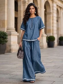 Balvessa Women's Contrast Color Button Half-Placket Short Sleeve Denim Top And Wide Leg Denim Pants Casual Set - Blue - View 5