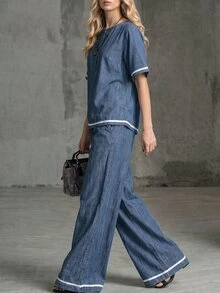 Balvessa Women's Contrast Color Button Half-Placket Short Sleeve Denim Top And Wide Leg Denim Pants Casual Set - Blue - View 3