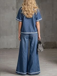 Balvessa Women's Contrast Color Button Half-Placket Short Sleeve Denim Top And Wide Leg Denim Pants Casual Set - Blue - View 2
