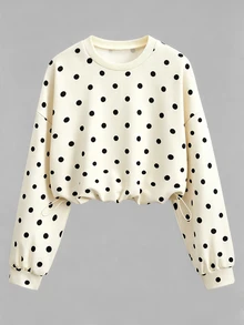 Olithes New Round Neck Polka Dot Drawstring Hem Sweatshirt - Apricot - View 1