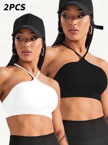 Velisys Velisys 2PCS Sports T-Shirt Racerback Tank Top Curved Bust Fashionable Versatile Workout Bra Tops Ribbed Black And White Halter Gym Summer Sporty Athleisure - Multicolor - View 8