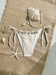 SHEIN Swim Women's Swimwear Beige Summer Boho Beach Holiday,Sequin Shell Decor Textured Fabric Ruched Tie Side Bikini Bottoms, Seashell Beaded Bathing Suit - Multicolor - View 3