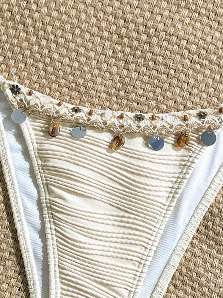 SHEIN Swim Women's Swimwear Beige Summer Boho Beach Holiday,Sequin Shell Decor Textured Fabric Ruched Tie Side Bikini Bottoms, Seashell Beaded Bathing Suit - Multicolor - View 4