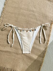SHEIN Swim Women's Swimwear Beige Summer Boho Beach Holiday,Sequin Shell Decor Textured Fabric Ruched Tie Side Bikini Bottoms, Seashell Beaded Bathing Suit - Multicolor - View 7