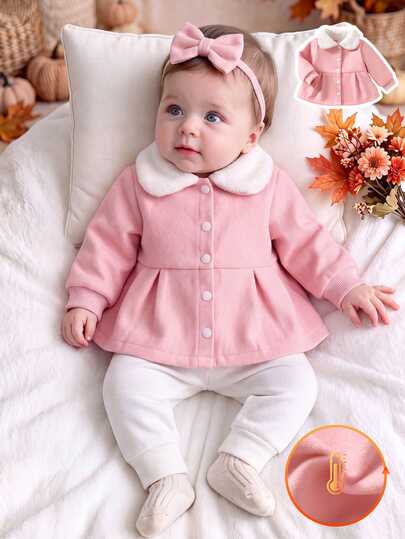 SHEIN Newborn Baby Girls Fall Tops, Pink A-Line Jacket With Faux Fur Peter Pan Collar, Long Sleeve Thick Warm Princess Outerwear For Birthday Autumn Winter