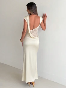 Aloruh 女款性感露背蕾絲緞面拼接洋裝，夏季/婚禮晚宴棕色，節慶、舞會 - 米色 - 查看 9