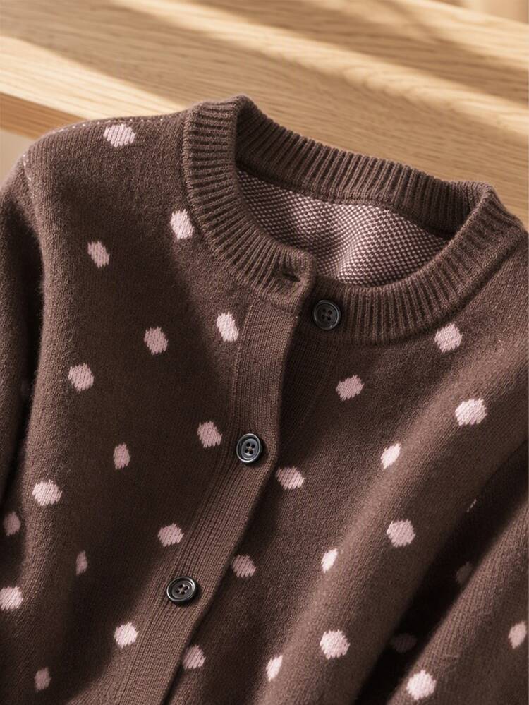 SHEIN Girls' Cute Peter Pan Collar Knitted Cardigan Sweater Long Sleeve Jacket Autumn Winter - Brown - View 4