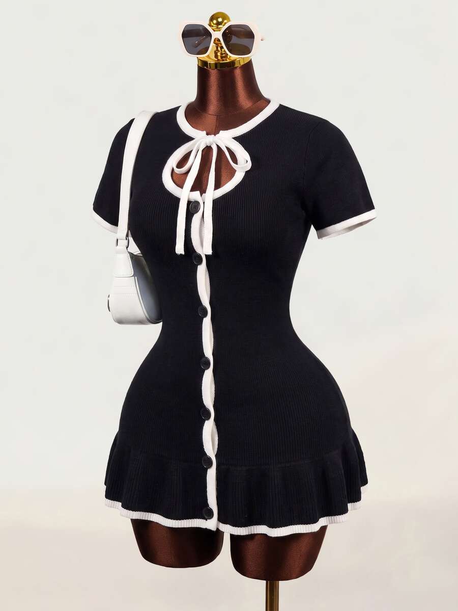 BamGleam Women's Colorblock Trim Front Button Tie Knit Dress