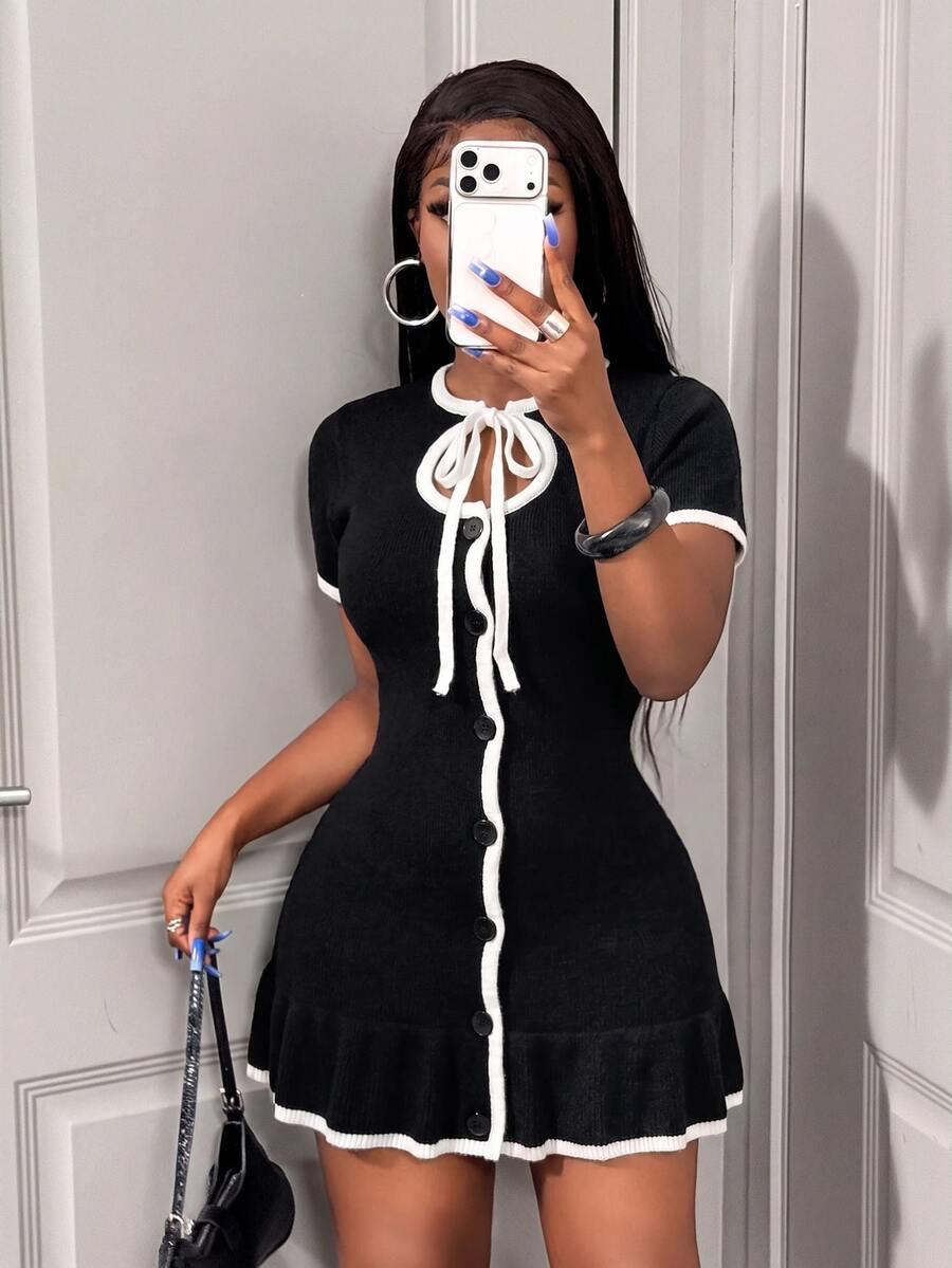 BamGleam Gaun Rajut Wanita dengan Trim Colorblock dan Kancing Depan serta Tali Pengikat