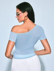 Easithlete Women's Solid Color Asymmetrical Shoulder Casual Daily Travel Sports T-Shirt - Sky Blue - View 2